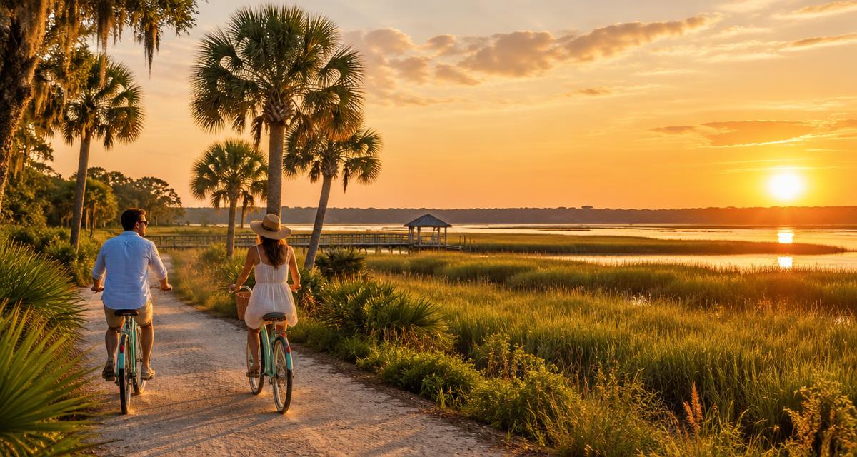 Couple riding beach cruisers along a coastal Florida path at golden hour