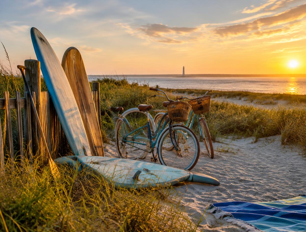 Surfboards and beach cruisers on a Jacksonville beach at sunset
